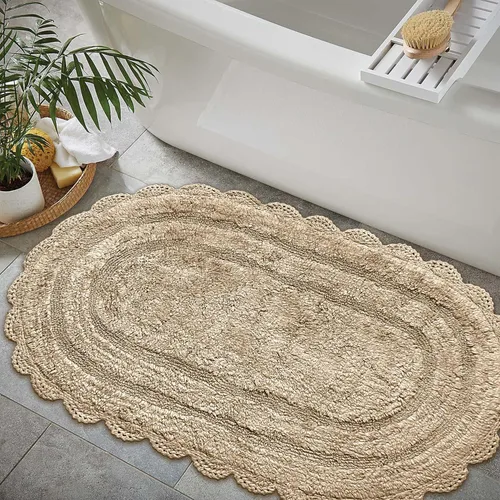 Vista 62 de Chardin home Alfombra de baño de ganchillo beige, alfombra de baño ovalada 100% algodón con borde de ganchillo artesanal hecho a mano, alfombra
