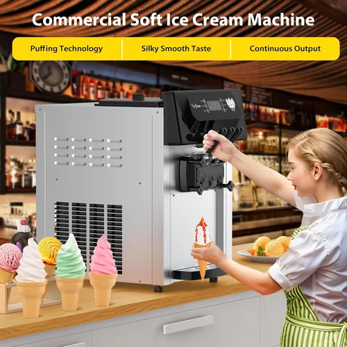Vista 2 de Takywep Máquina comercial de helados – Máquina de helado suave de 2200 W, 5.3 a 7.4 galones/hora, 2 guardabosques de 6 L, pantalla LED, 3 sabores