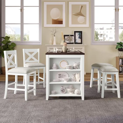 Vista 15 de Farmhouse - Juego de comedor rústico de 5 piezas con 4 taburetes, juego de mesa consola de madera con acabado de dos tonos, para comedor pequeños