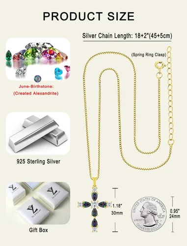 Vista 115 de YL Collar de cruz de plata de ley 925 con colgante de piedra natal religiosa para mujer