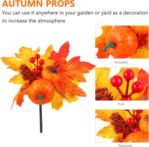 Vista 8 de PRETYZOOM 2 piezas de hojas de arce artificiales, ramas de calabaza de Halloween, cosecha, tallos de otoño con bayas, relleno de jarrones de piña