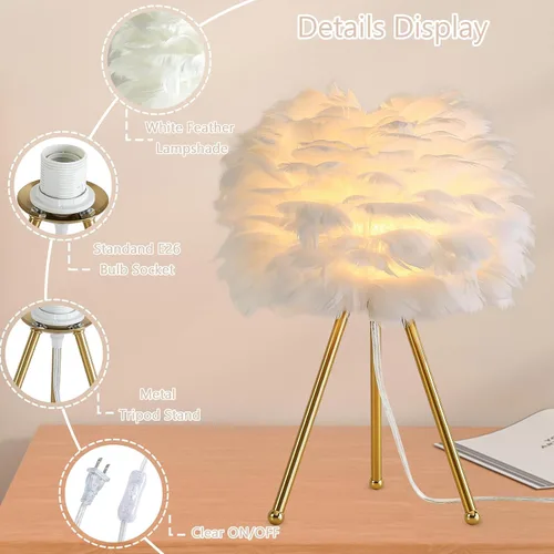 Vista 3 de Capslpad Lámpara de mesa con trípode de plumas, 15.3 pulgadas, moderna lámpara de mesa/escritorio blanca con acabado dorado para sala de estar