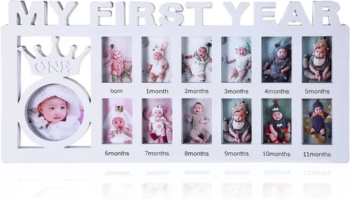 Vista 8 de Portarretratos de bebé mi primer año, marco de fotos de recuerdos para niñas, niños, kit de impresión multifoto, marco de baby shower, cumpleaños