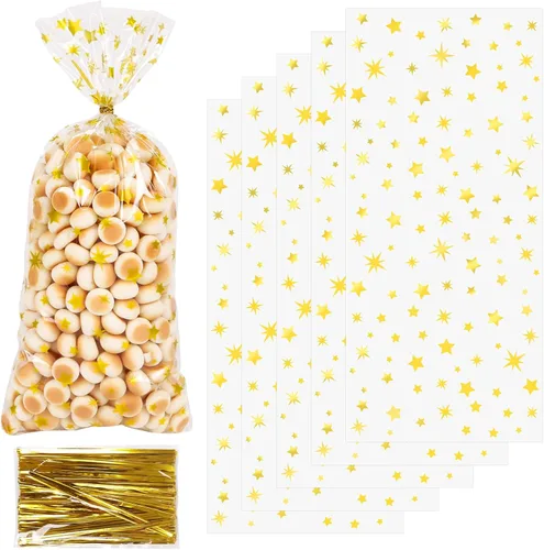 Vista 12 de DIYASY Bolsas de celofán de Navidad, 180 bolsas de regalo de Navidad, bolsa de plástico para dulces, bolsa transparente para bocadillos con lazos