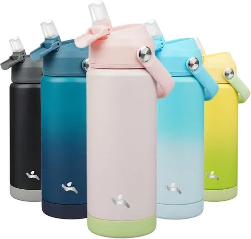 Vista 16 de Konokyo Botella de agua aislada con tapa de pajilla, botella de metal al vacío de acero inoxidable de 18 onzas con mango de silicona, color negro
