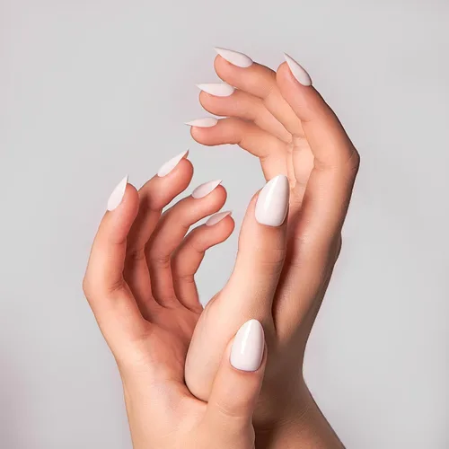Vista 25 de CurvLife Uñas a presión con punta francesa de almendra media, color blanco Perfil luminoso