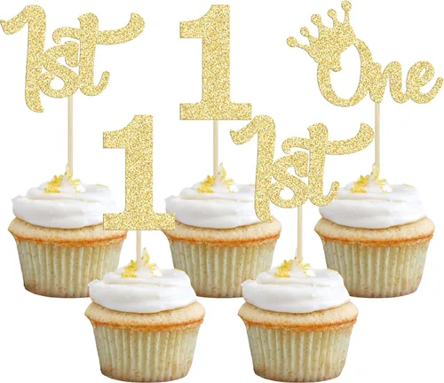 Vista 11 de 24 adornos para cupcakes de primer cumpleaños con purpurina para decoración de pastel de primer cumpleaños, selecciones de cupcakes para niños, baby