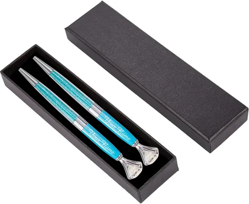 Vista 10 de ExpressDesigns™ - Juego de 2 bolígrafos de diamantes personalizados con caja de regalo, grabado metálico personalizado con nombre o mensaje
