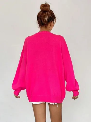 Vista 2 de MakeMeChic Suéter casual de manga larga con cuello en V y hombros caídos para mujer