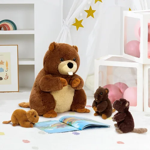Vista 8 de MaoGoLan 4 animales de peluche de castor con tres bebés en el interior, regalo de felpa de castor gigante esponjoso de 17.7 pulgadas, divertidos