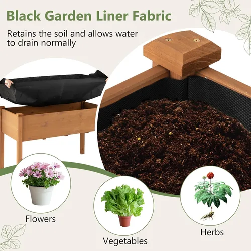 Vista 5 de HAPPYGRILL - Cama de jardín elevada, caja de jardín de madera para exteriores con patas, agujeros de drenaje, tela de revestimiento de jardín negra