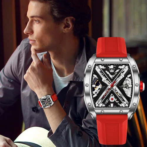 Vista 5 de OLEVS Tonneau - Relojes automáticos de esqueleto para hombre, de lujo, elegante, con banda de silicona, impermeable, luminoso, relojes de pulsera
