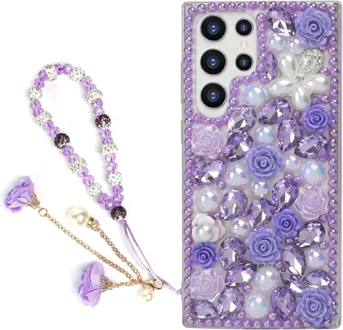 Vista 21 de para iPhone 14 Pro - Funda con Purpurina y Diamantes de Imitación, de Lujo, con Cristales Brillantes, Flores de Rosa, Perlas Florales, Pulseras