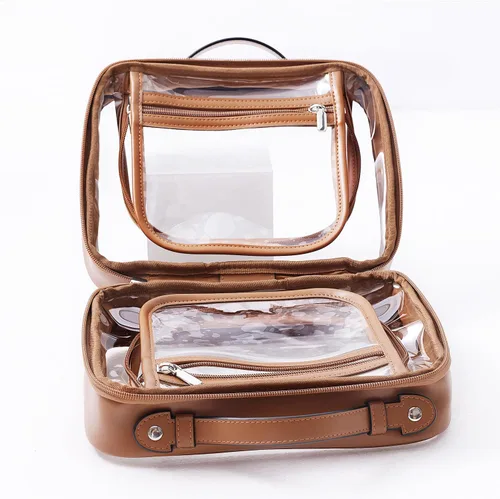Vista 5 de SANHECUN Neceser de viaje Estuche grande transparente para cosméticos bolsa de maquillaje (marrón, pequeño)