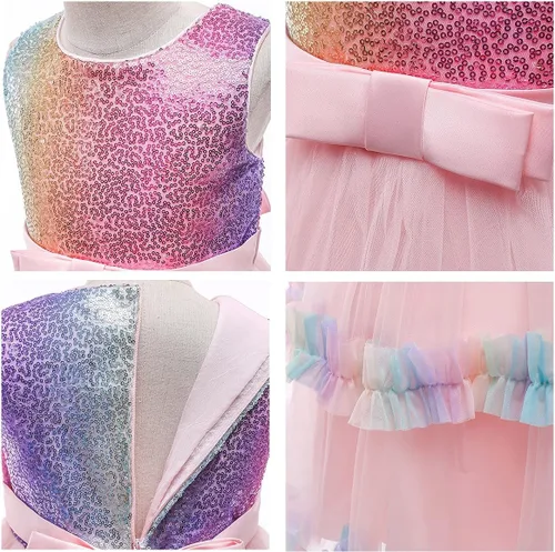 Vista 9 de Disfraz de unicornio para niñas, vestido largo de tul con diadema, fiesta de cumpleaños, carnaval, cosplay