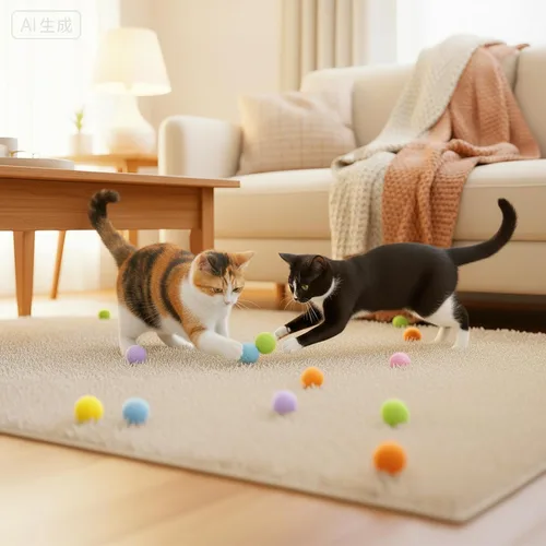 Vista 4 de 100 bolas de juguete para gatos, bolas interactivas de felpa suave de 1 pulgada para gatos peludos gatitos, juguete silencioso para gatos y mascotas