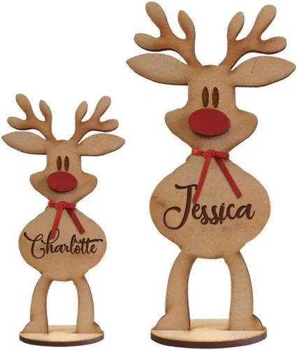 Vista 7 de Adornos de Navidad personalizados, adorno de mesa de madera de reno independiente, letrero de madera personalizado, nombre de miembro de la familia