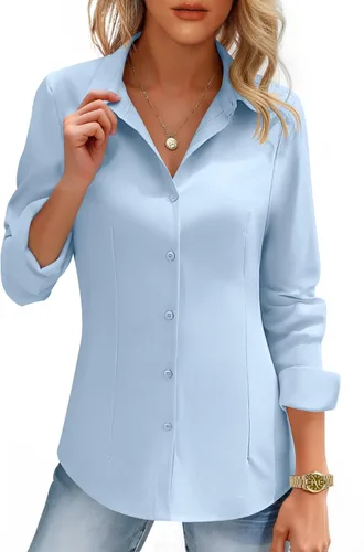 Vista 10 de HOTOUCH Camisas de mujer con botones de manga larga, camisa de vestir ajustada, blusas de trabajo, cuello, elegantes, casuales, de negocios