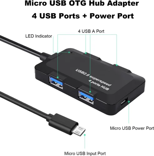 Vista 2 de AreMe Micro USB OTG Hub Adaptador con 4 Puertos USB + Puerto de Alimentación Cable micro USB OTG para Fire Stick 4K, Raspberry Pi Zero y tableta