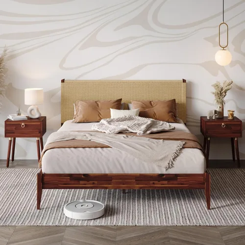 Vista 24 de Bme Dinkee - Marco de cama de plataforma Queen de madera de 15 pulgadas, marco de cama de madera maciza, estilo moderno y minimalista, soporte de 12