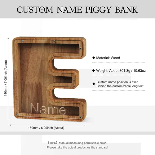 Vista 2 de Alcancía con nombre personalizado, 26 letras láser con texto personalizado, banco de monedas de madera, significado educativo, alcancía con nombre