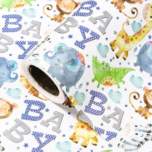 Vista 10 de WRAPAHOLIC Rollo de papel de regalo Kraft Animal - Mini Rollo - 17 pulgadas x 16.5 pies - Diseño de mono, elefante y dinosaurio lindos, perfecto