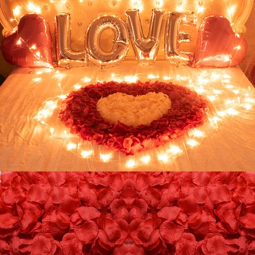 Vista 18 de 1000 pétalos de rosa falsos para noche romántica, creación de ambiente festivo romántico, para propuesta de matrimonio, boda, día de San Valentín