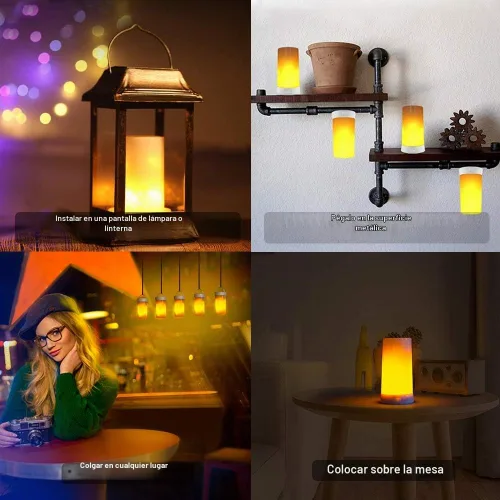 Vista 6 de Luz LED con efecto de llama, recargable por USB, impermeable, regulable, 4 modos, linterna con efecto de detección de gravedad y base magnética