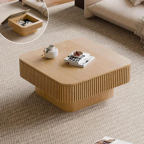 Vista 12 de Mesa de café cuadrada pequeña con almacenamiento, mesa de café moderna de madera con chapa de madera maciza, mesa central estriada