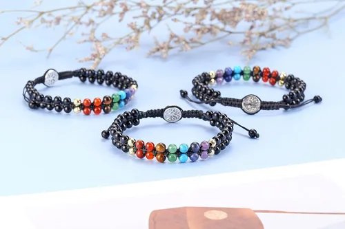 Vista 5 de GEHECRST Pulsera natural de cristal curativo de 7 chakras, cuentas redondas de reiki, pulsera elástica para mujeres y hombres, joyería de yoga