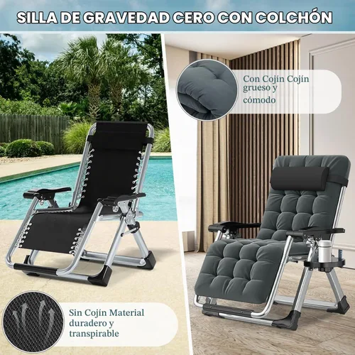 Vista 5 de ABORON Silla Zero Gravity, reclinable ajustable para exteriores con cojín extraíble, reposacabezas y bandeja lateral, silla de descanso plegable