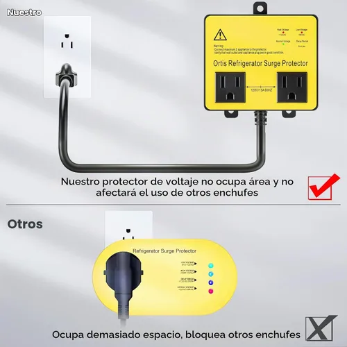 Vista 5 de Protector contra sobretensiones para refrigerador, Ortis Protector de voltaje de doble toma para electrodomésticos con retraso de tiempo, protege