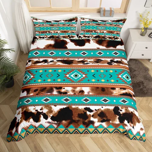 Vista 4 de Juego de ropa de cama de piel de vaca, funda de edredón con estampado de vaca de las tierras altas, tamaño individual, funda de edredón tribal Multi