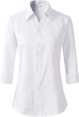 Vista 5 de Beninos - Camisa de manga larga con cuello en V y botones para oficina, formal y casual para mujer