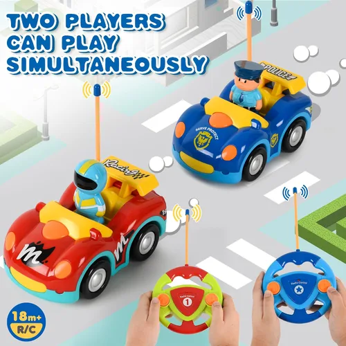 Vista 9 de Haktoys Carros de policía y carreras de dibujos animados a control remoto: juguetes RC para niños pequeños niños y niñas - Juego de 2 vehículos