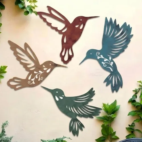 Vista 7 de Teling 4 piezas de arte de pared de colibrí de metal, libélula de metal, decoración de pared para casa de campo moderna, rústica, sala de estar
