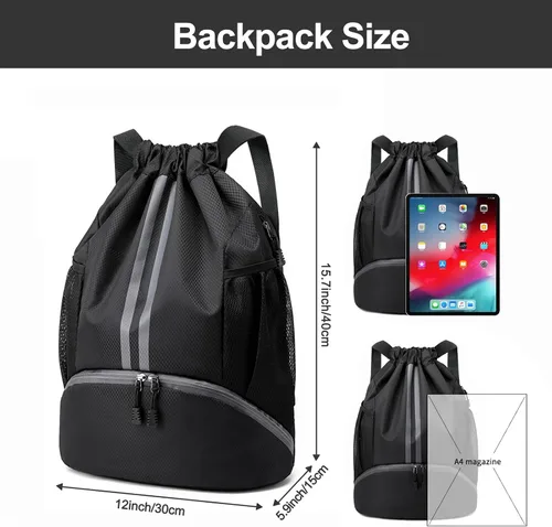 Vista 2 de Hoedia Mochila deportiva con cordón, bolsa de gimnasio con compartimento para zapatos y bolsillo a prueba de humedad para mujeres y hombres