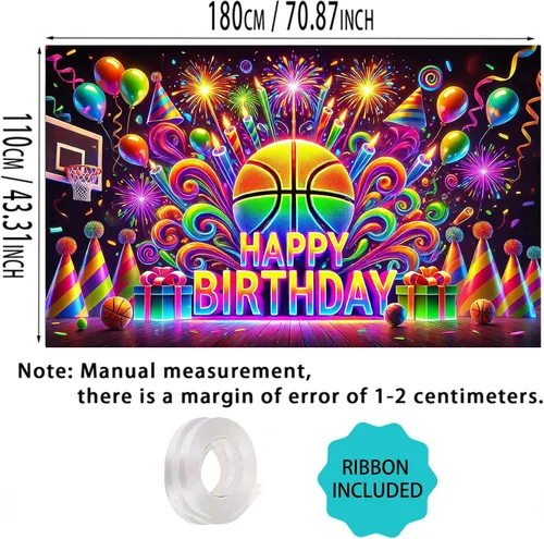 Vista 3 de Nuxovilar - Cartel de feliz cumpleaños de baloncesto neón de 71 x 43 pulgadas Fondo de baloncesto neón de alta energía para noches