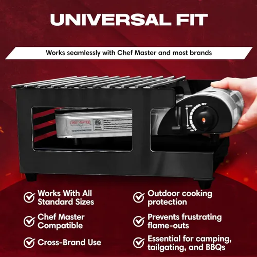 Vista 3 de Chef Master Cubierta para Estufa de Butano - Ajuste Universal para Cualquier Tamaño Estándar - Protector de Viento Plegable de Acero Negro Premium