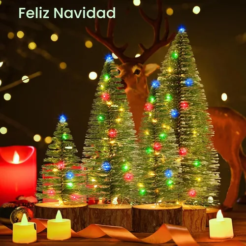 Vista 7 de 4 mini árboles de Navidad con luces, 4 tamaños de árboles de Navidad artificiales Battery Powered Bottle Brush Christmas Trees with 2 Modes Timer
