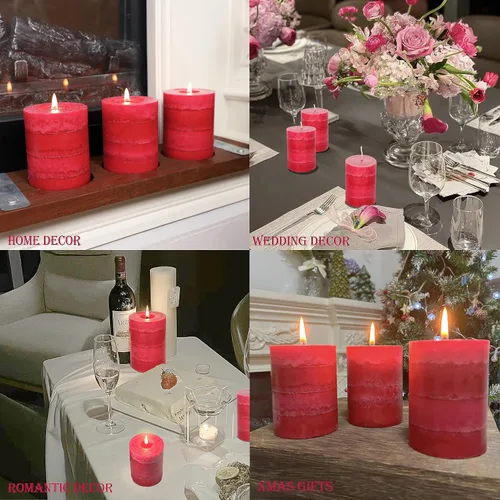 Vista 5 de Velas aromáticas de pilar FLAVCHARM de larga duración, sin goteo, rojas, 3x4 pulgadas