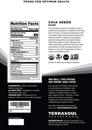 Vista 2 de Terrasoul Superfoods Semillas orgánicas de chía negra, 2.5 libras, superalimento lleno de nutrientes para energía, pudines, batidos y hornear
