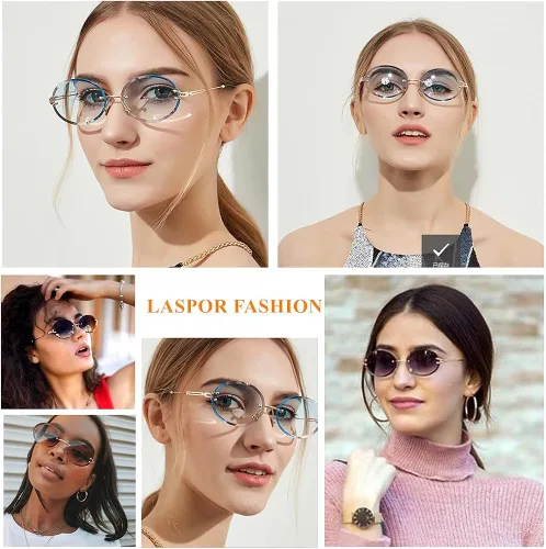 Vista 7 de LASPOR Gafas de sol ovaladas retro para mujeres y hombres a la moda vintage de metal dorado sin marco lentes tintados protección UV400