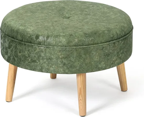 Vista 11 de Adeco Otomana redonda pequeña, otomana tapizada de terciopelo, con botones, reposapiés, asiento acolchado con patas de madera, moderno reposapiés