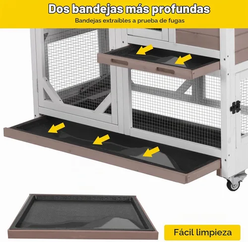 Vista 5 de Aivituvin Jaula de conejo para interiores con ruedas al aire libre de 2 pisos de madera de conejillo de indias con 2 bandejas extraíbles más
