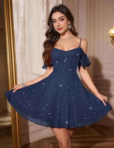 Vista 2 de Meetjen Vestido de cóctel formal brillante acampanado para mujer, vestido Azul marino