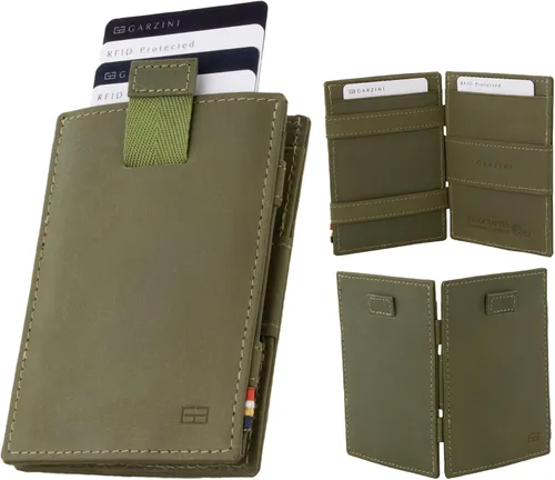 Vista 9 de GARZINI Cartera mágica con tirador, cartera minimalista con tarjetero RFID, cartera de cuero para 12 tarjetas, 07 Negro cepillado, Minimalista
