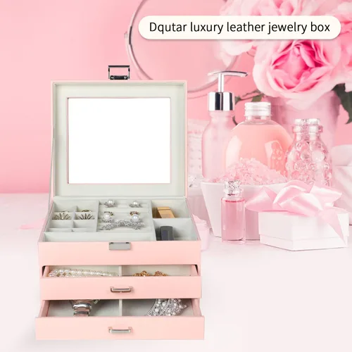 Vista 3 de DQUTAR Joyero con tapa de cristal caja organizadora de joyas de piel sintética de 3 capas con 2 cajones joyero para mujeres y niñas caja de joyería