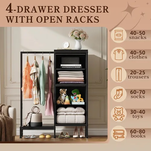 Vista 5 de HIGDBFE Cómoda alta de 44 pulgadas de alto con estante para colgar, cómoda pequeña de 4 cajones para dormitorio, cómoda de tela reversible