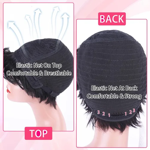 Vista 6 de Peluca de cabello humano con corte Pixie para mujeres negras, 100% cabello humano real, peluca corta y recta sin pegamento con flequillo, hecha a